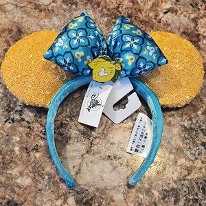 Disney Yellow Sequin Minnie Ears with Blue Floral Bow Headband